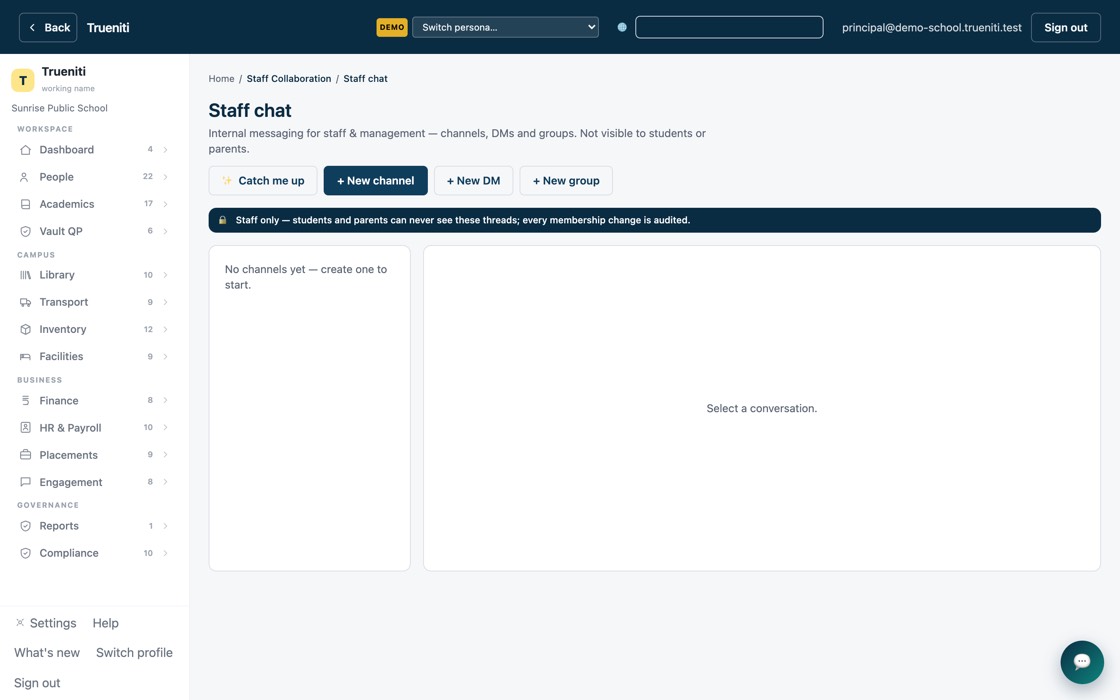 Secure staff chat — channels, DMs and groups